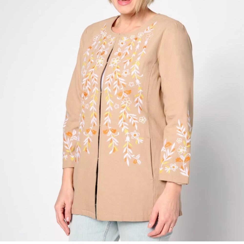 Susan Graver Regular Embroidered Cotton Topper‎ Taupe Size XL Jacket Blazer
